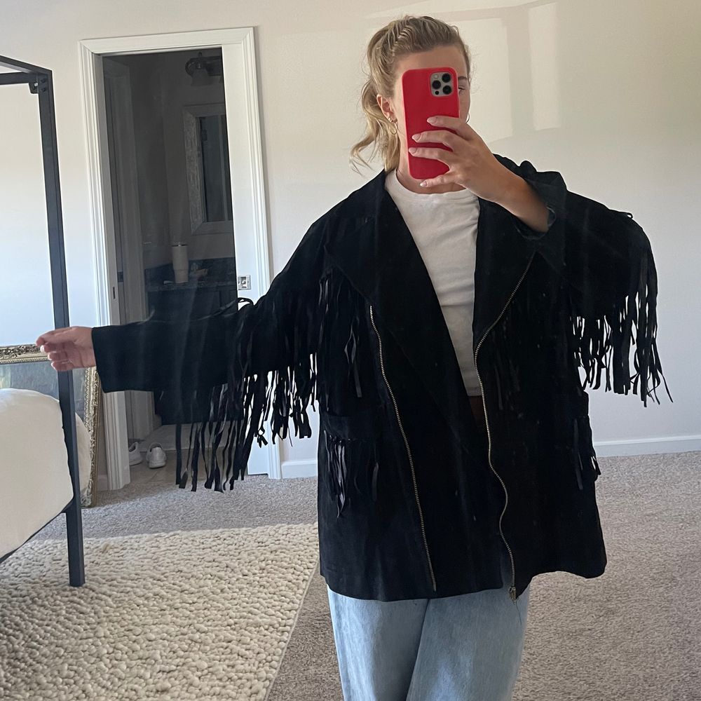 Vintage Black Suede Fringe Asymmetrical Western Boho Jacket‎